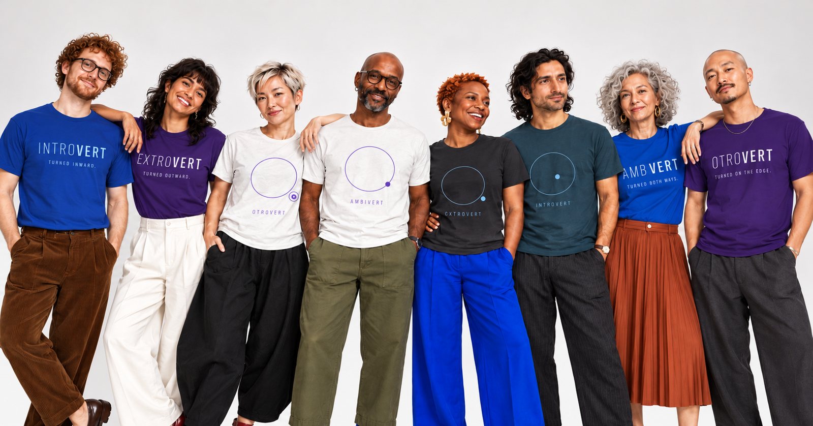 Eight people wearing WHATVERT? tees in the four turns, in word and ring designs