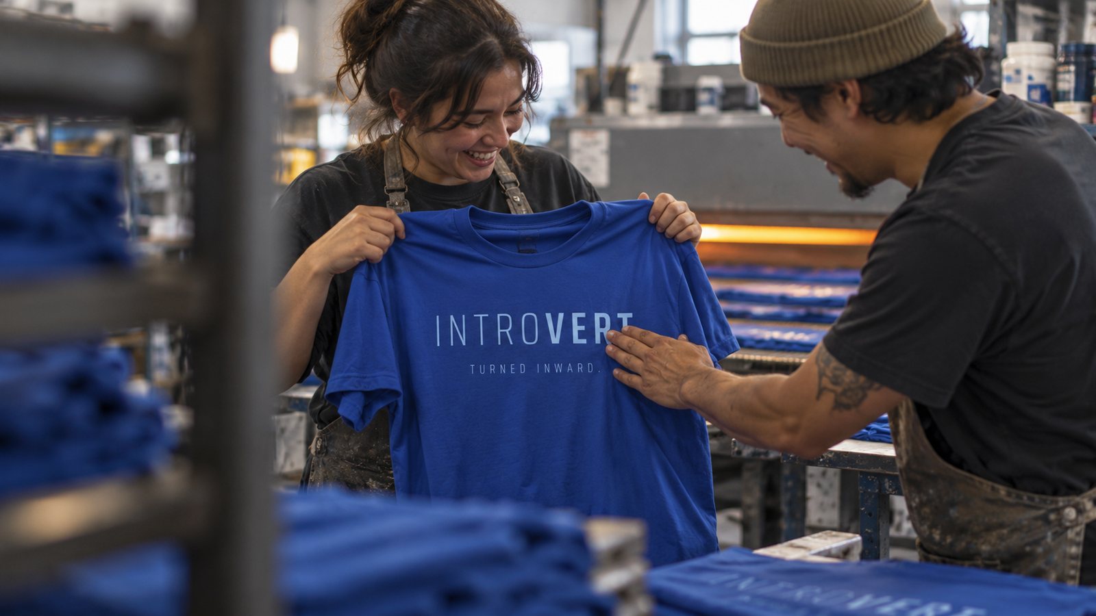 Checking a freshly printed introvert tee