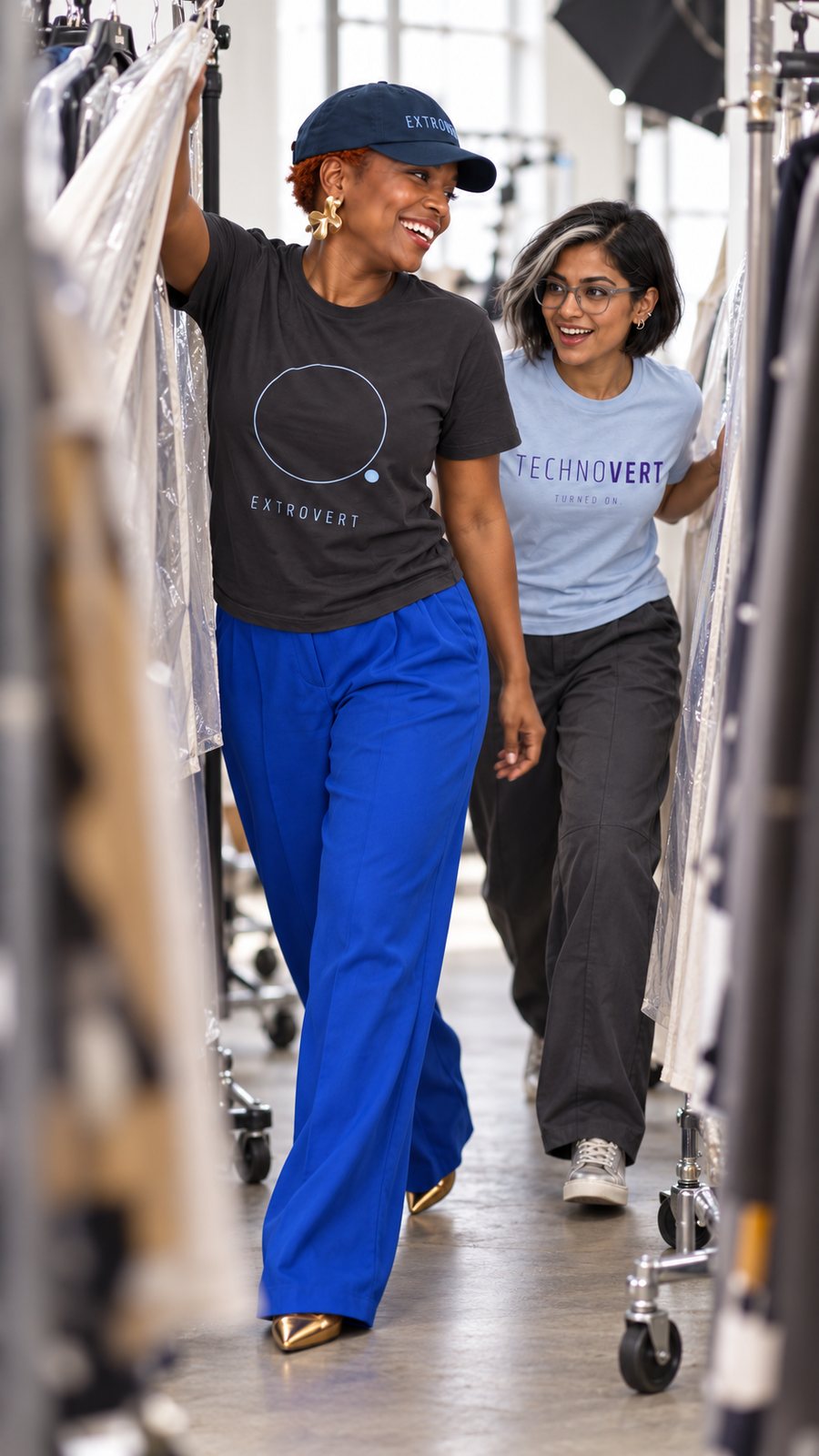 Extrovert and technovert walking between clothing racks
