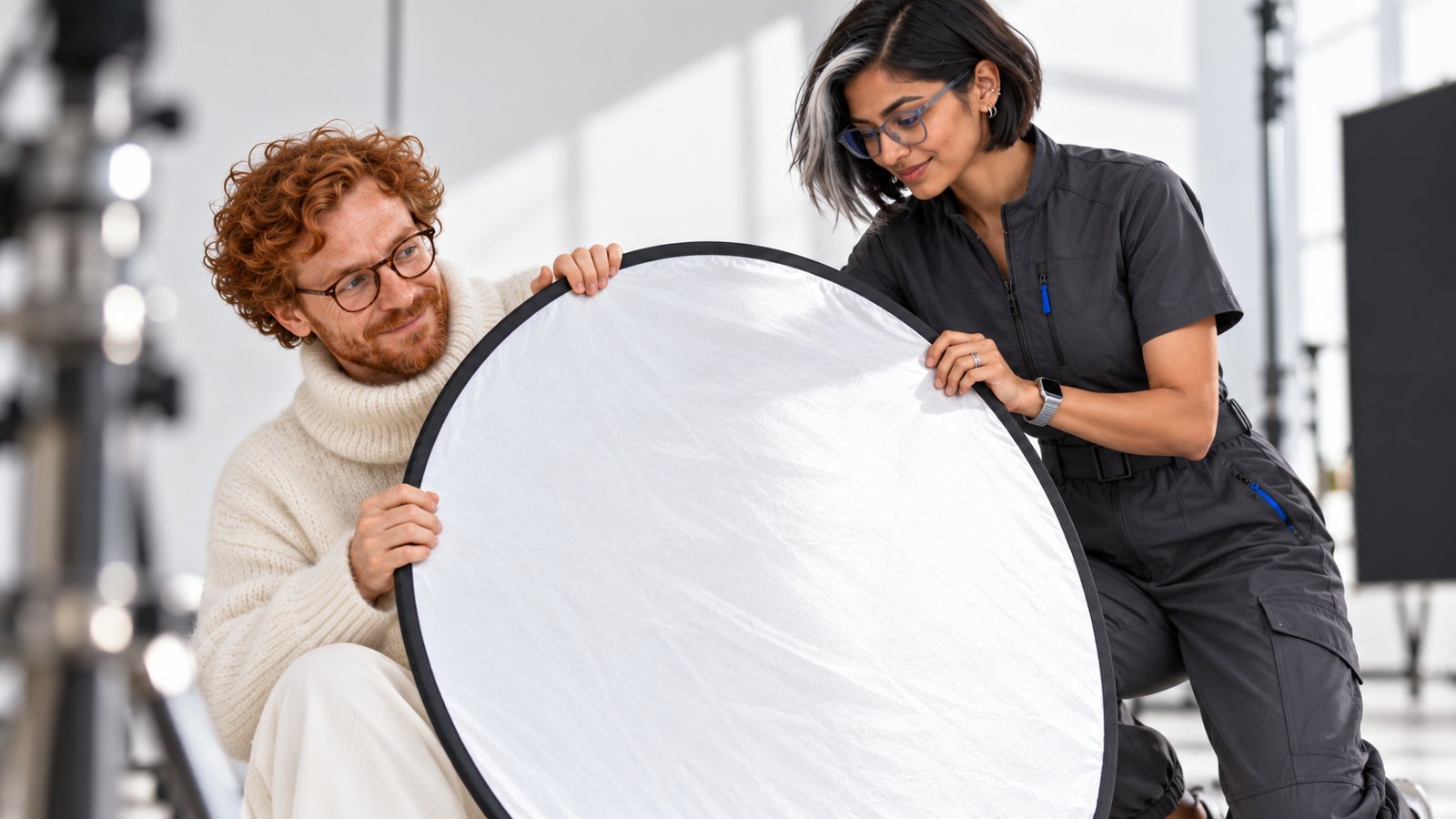 Introvert and technovert holding a reflector