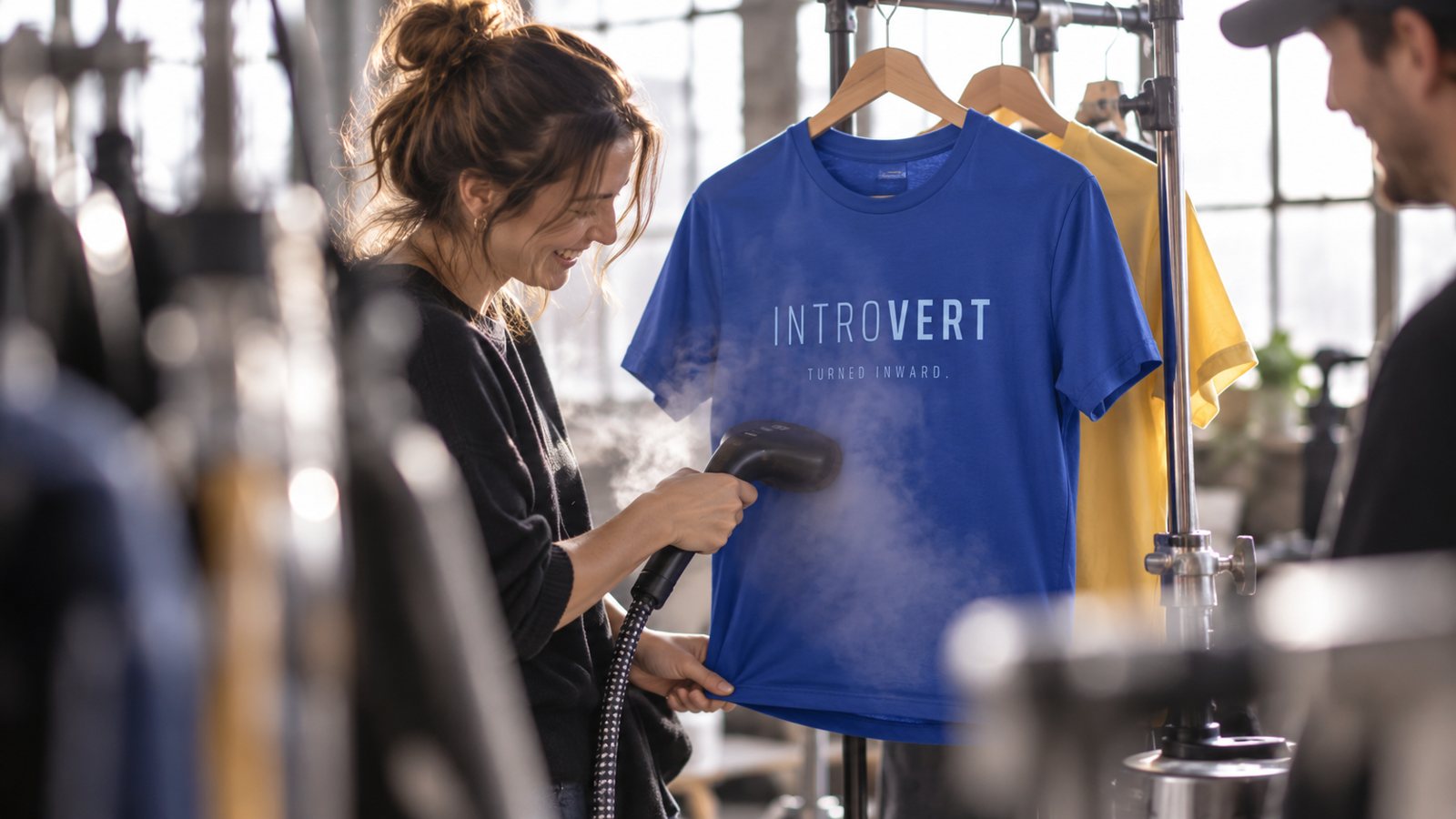 Steaming the introvert tee on set