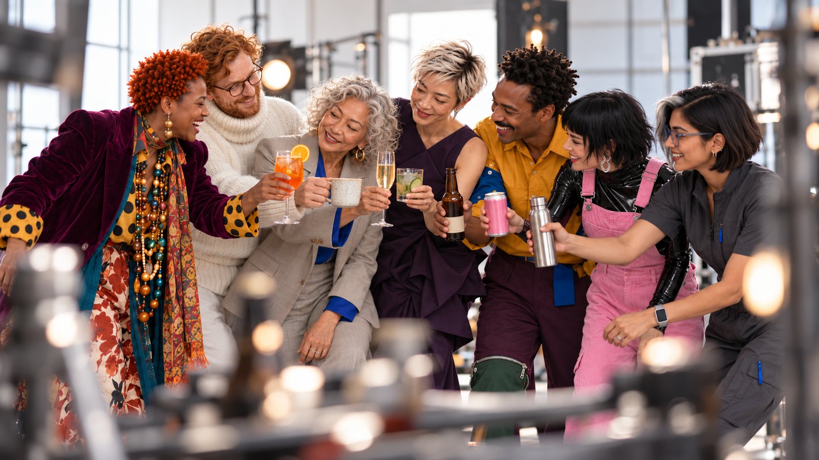 The whole cast raising a glass between takes