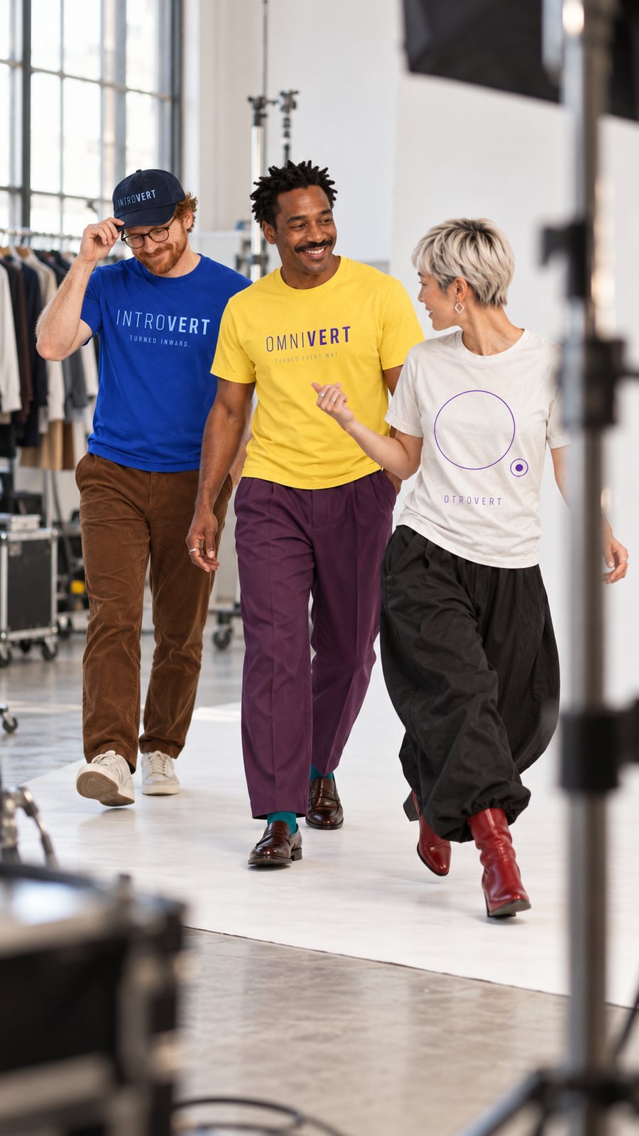 Introvert, omnivert and otrovert walking across the studio