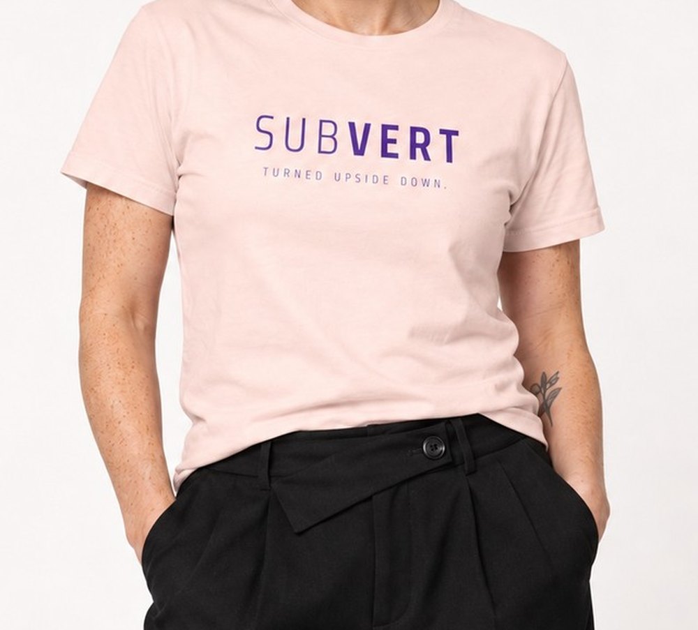 SUBVERT tee, close up of the word