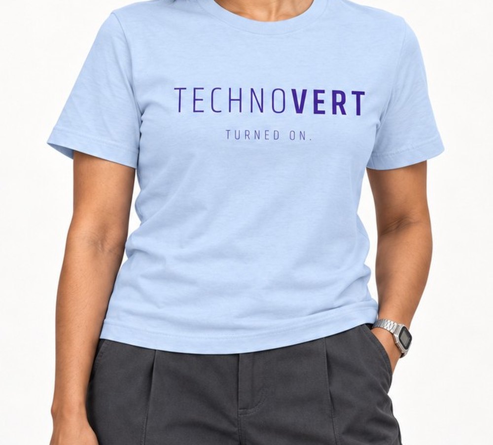 TECHNOVERT tee, close up of the word